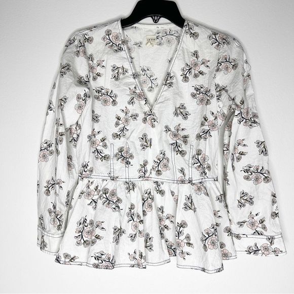 La Vie Rebecca Taylor Camille White Floral Print V-Neck Peplum Top Size S - Picture 2 of 6